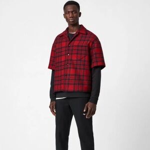 ALLSAINTS Marley Plaid Short Sleeve Wool Blend Snap-Up jacket red black sz M